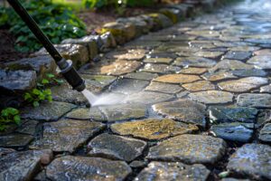 closeup-photo-pressure-washing-garden-cobblestone-paths-outdoors-cleaning-concept-pressure-washing-garden-maintenance-outdoor-cleaning-cobblestone-paths-closeup-photography
