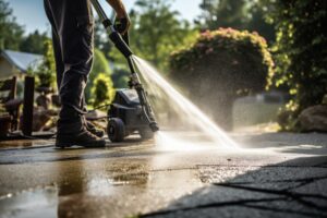 A man uses a power washer to thoroughly clean a driveway, removing dirt and grime effortlessly, Man using electric powered pressure washer to power wash residential concrete driveway, AI Generated