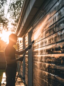 A white man using a rubber holding hose to pressure wash the exterior of a home.